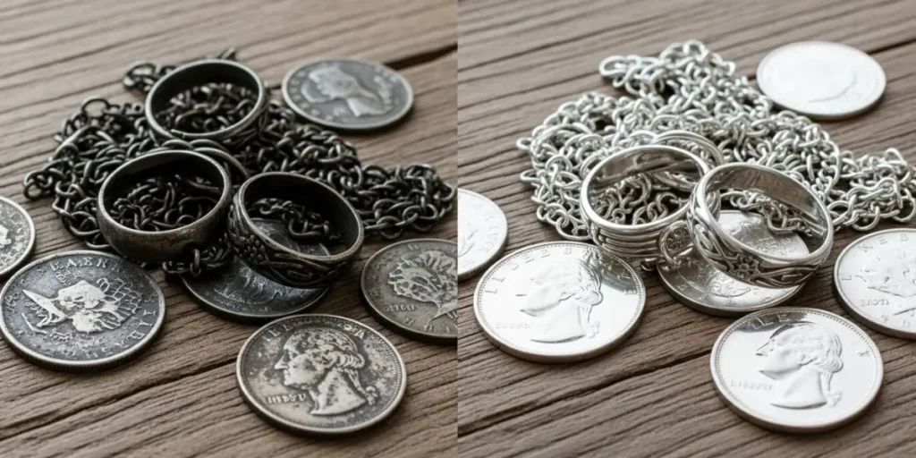 تصویر مقایسه‌ای قبل و بعد از تمیز کردن نقره سیاه شده و کدر