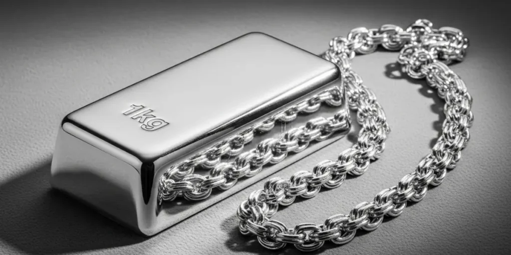 شمش نقره ۱ کیلویی و زنجیر نقره کاملاً سفید و براق