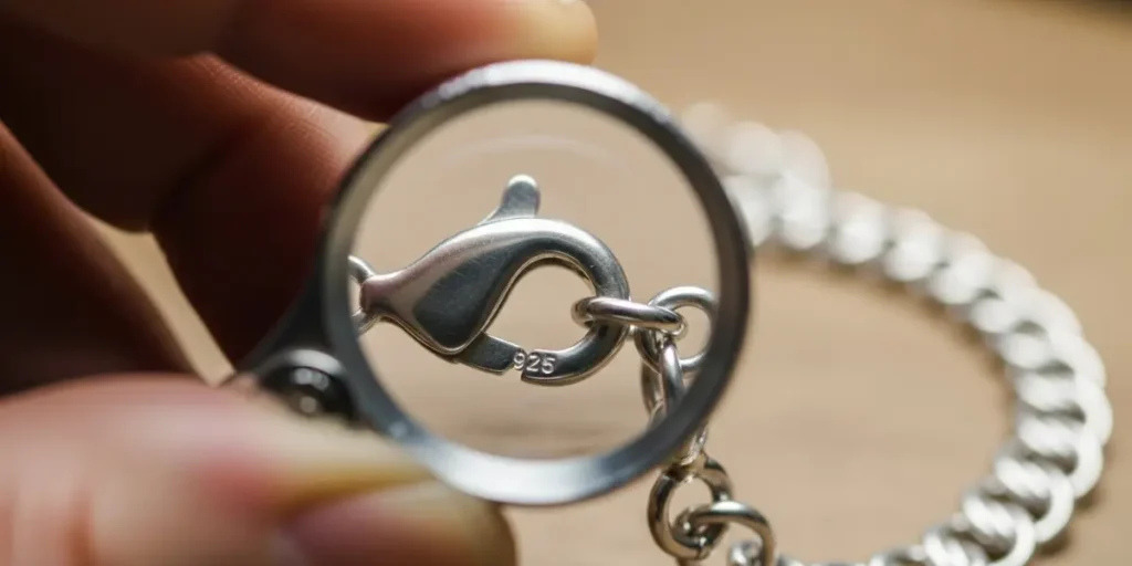 بررسی مهر عیار 925 برای تشخیص نقره اصل از تقلبی.