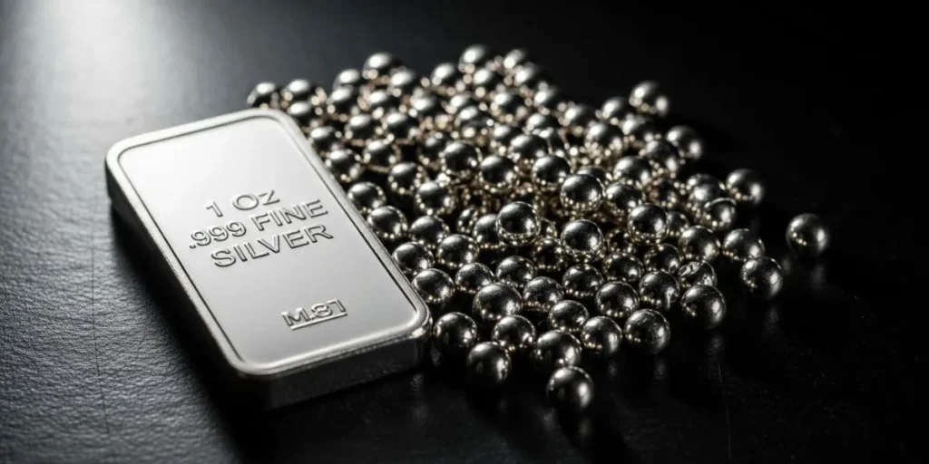 شمش نقره یک اونسی خالص ۹۹۹ در کنار ساچمه‌های نقره براق، نمادی از اهمیت نگهداری نقره.
