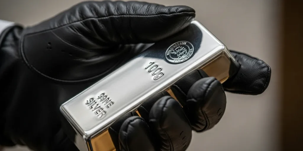 سرمایه گذاری در شمش نقره 100 گرمی که در دستکش چرمی نگه داشته شده.
