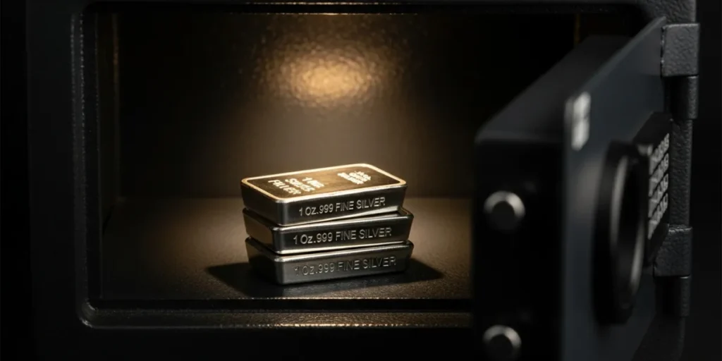 نگهداری شمش نقره در گاوصندوق برای سرمایه‌گذاری.