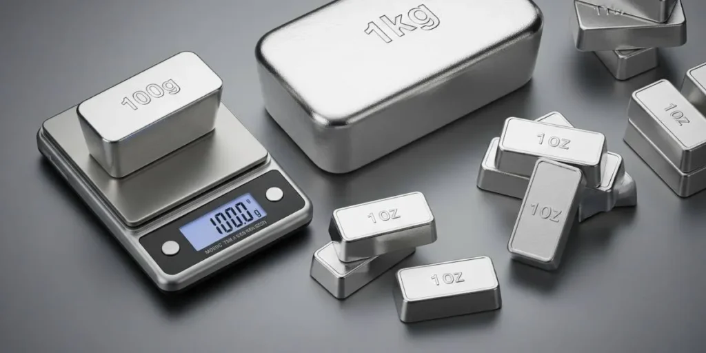 مجموعه‌ای از شمش‌های نقره با وزن‌های مختلف (گرمی و اونسی) در کنار یک ترازوی دیجیتال که وزن شمش نقره را نشان می‌دهد.
