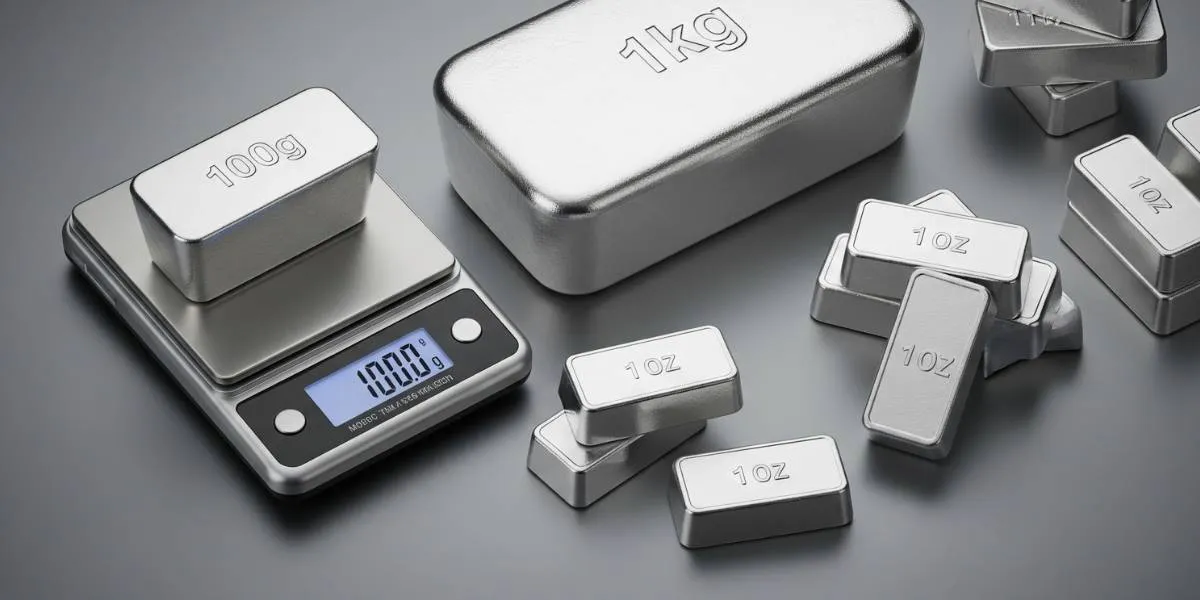 مجموعه‌ای از شمش‌های نقره با وزن‌های مختلف (گرمی و اونسی) در کنار یک ترازوی دیجیتال که وزن شمش نقره را نشان می‌دهد.