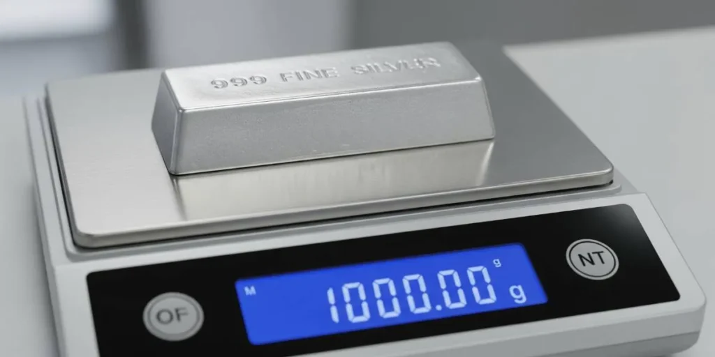 شمش نقره ۹۹۹ خالص روی ترازوی دیجیتال که وزن ۱۰۰۰ گرم (۱ کیلوگرم) را نشان می‌دهد.