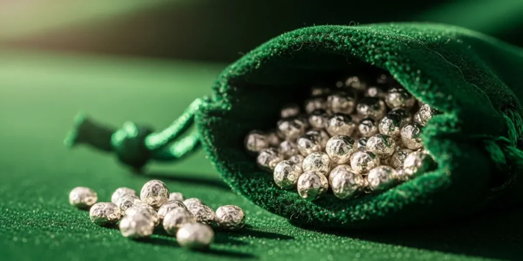 ساچمه نقره برای سرمایه گذاری که از یک کیسه مخمل سبز بیرون ریخته است.