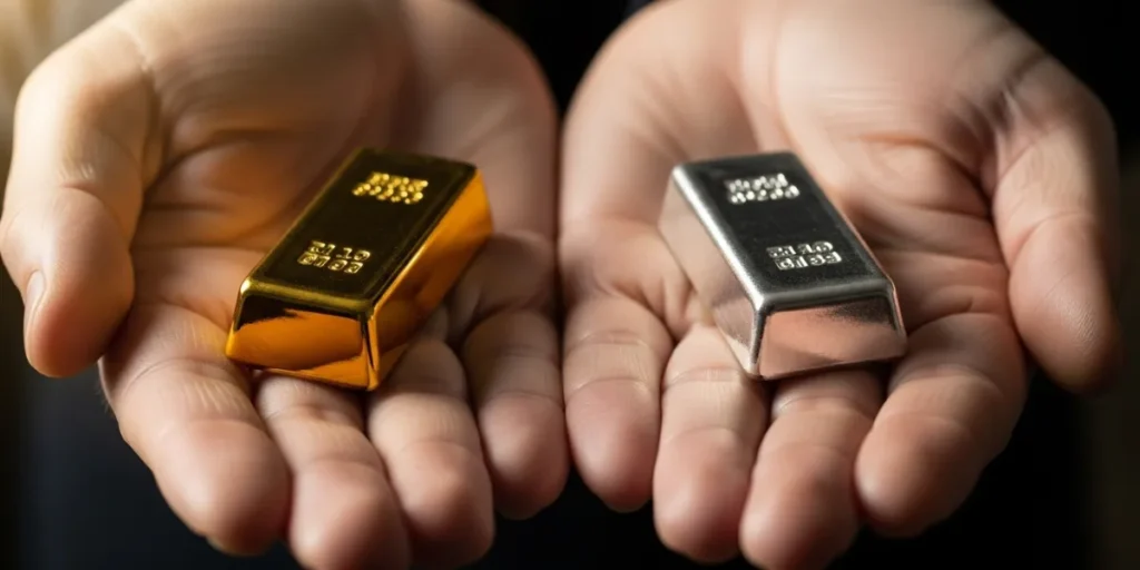 مقایسه شمش طلا یا نقره (یک شمش طلا و یک شمش نقره) در دو دست.