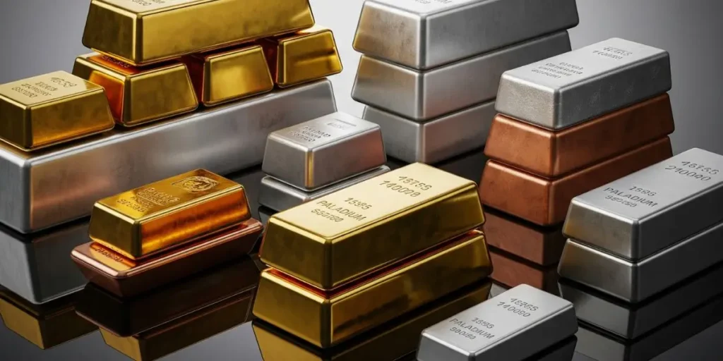 تصویری از شمش‌های طلا، نقره، مس، آلومینیوم، پلاتین و پالادیوم که انواع مختلف شمش چیست را نشان می‌دهد.