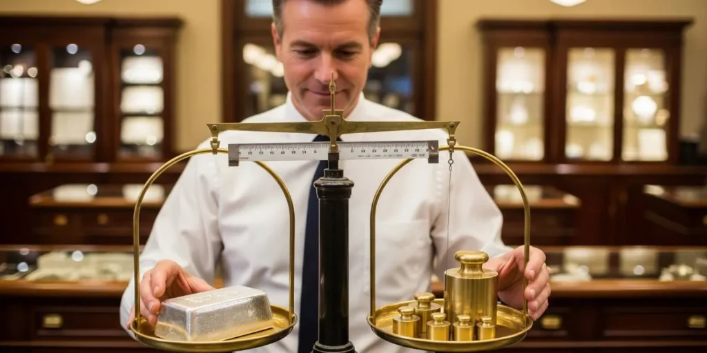 یک فروشنده که در حال وزن کردن یک شمش نقره با استفاده از ترازوی قدیمی در یک فروشگاه است.