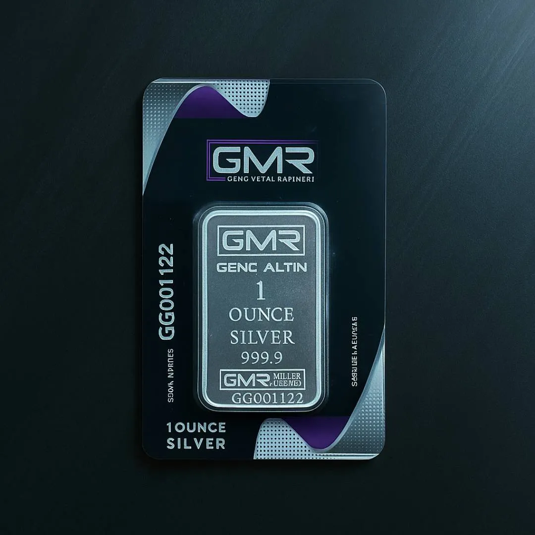 gmr 1ounce silver bar شمش نقره 1 اونسی GMR با عیار 999.9 در بستهبندی اصلی وکیوم شده.