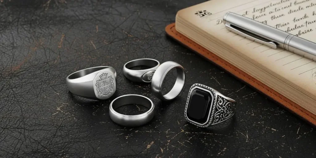 انگشتر نقره مردانه با طرح عقیق مشکی و حلقه ساده روی کتاب‌های چرمی، در کنار راهنمای خرید انگشتر نقره مردانه