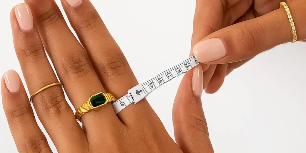 اندازه‌گیری دقیق دور انگشت با سایزر کاغذی مخصوص برای پیدا کردن سایز انگشتر نقره.