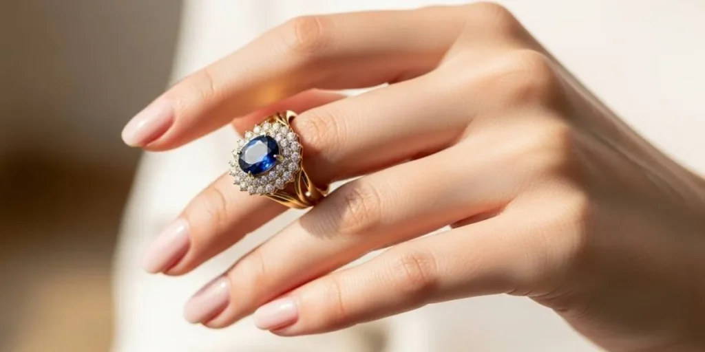 دست خانمی با یک انگشتر یاقوت کبود و الماس که سایز انگشتر از سایز انگشت او بزرگتر است.