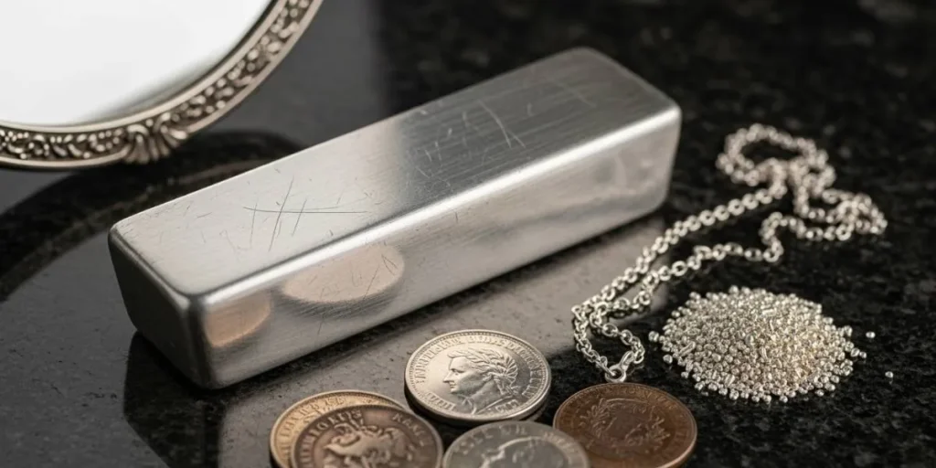 بررسی خواص نقره در اشکال مختلف آن شامل شمش، سکه‌های قدیمی، زنجیر و گرانول‌های نقره.