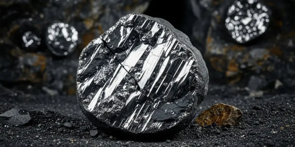 سنگ معدن نقره با رگه‌های درخشان و کریستالی نقره خالص در داخل آن که منبع اصلی این فلز است.