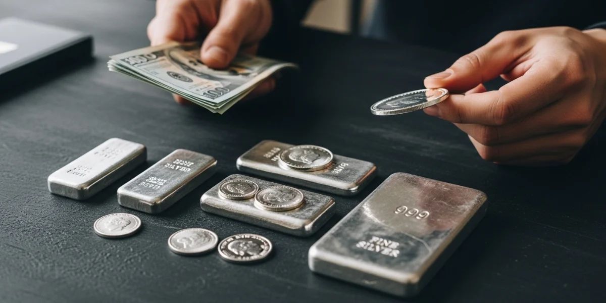 دستان فردی که در حال معامله شمش و سکه‌های نقره با پول نقد است و به این فکر می‌کند که بهترین مرجع برای اینکه از کجا نقره بخرم کجاست.
