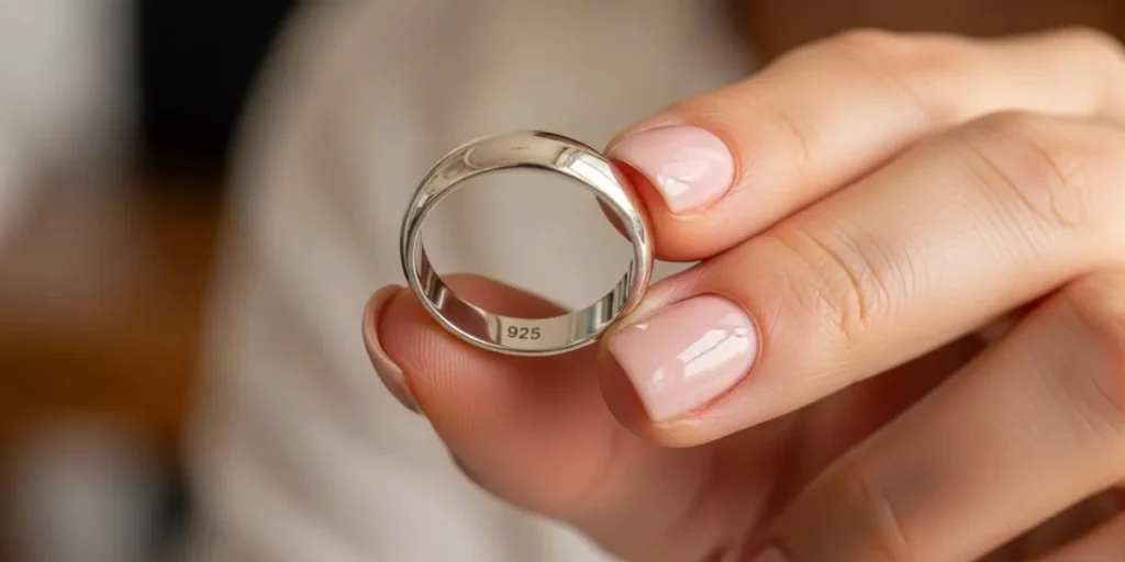 انگشتری با عدد 925 حک شده در دست یک زن.