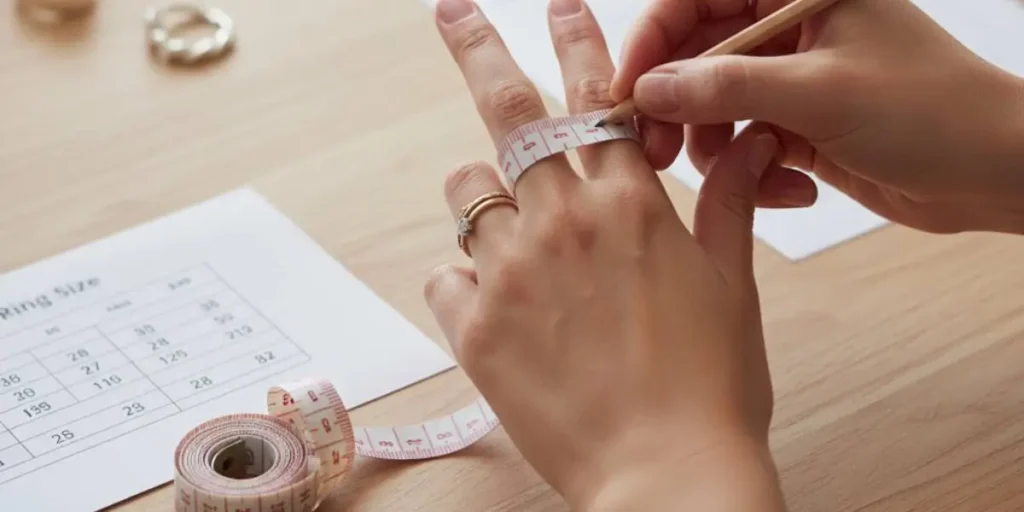 خانمی در حال اندازه‌گیری انگشت خود با متر نواری به کمک راهنمای سایز انگشتر نقره.