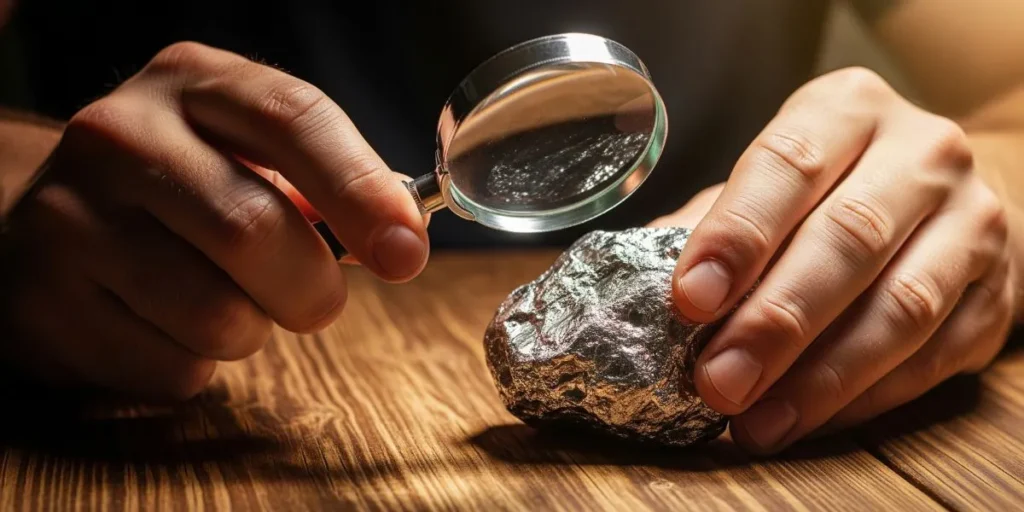 مردی در حال بررسی یک سنگ نقره خام با ذره‌بین برای درک نقره چیست شناخت خصوصیات نقره و منشأ آن.
