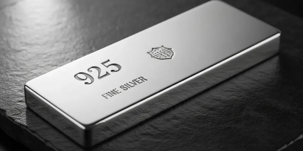 یک شمش نقره استرلینگ با نوشته "925" و "FINE SILVER" که روی یک سطح تیره قرار گرفته است.