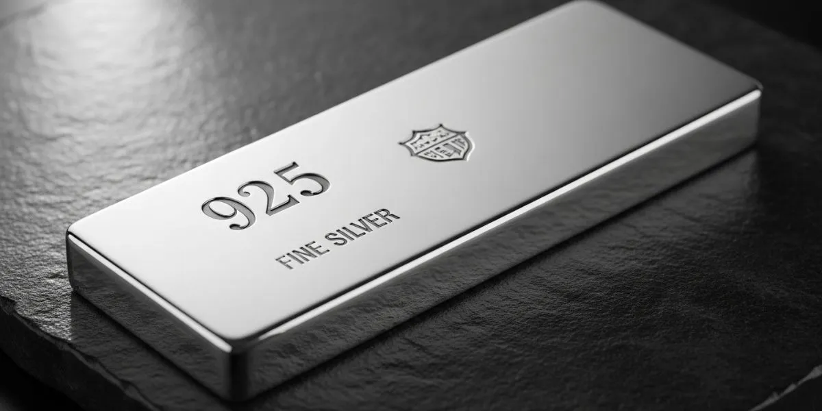 یک شمش نقره استرلینگ با نوشته "925" و "FINE SILVER" که روی یک سطح تیره قرار گرفته است.