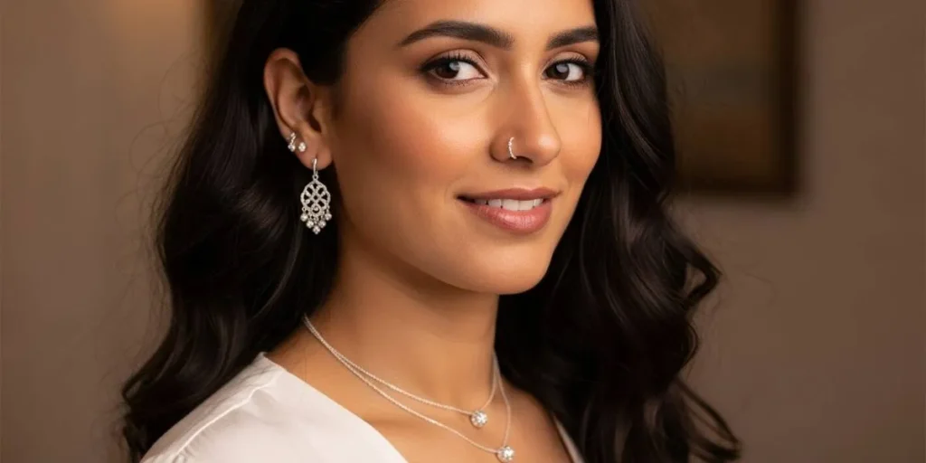 زن خندان با جواهرات نقره برای بهره‌مندی از خواص نقره برای زنان.