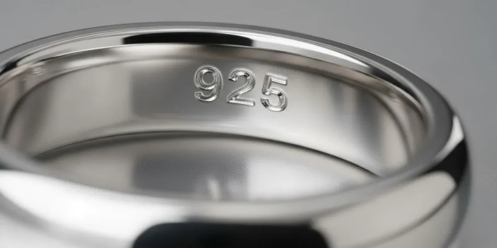 نمای نزدیک از داخل یک حلقه نقره استرلینگ که عدد "925" روی آن حک شده است.