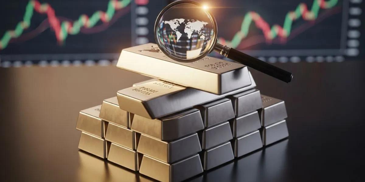 شمش‌های طلا و نقره با ذره‌بین و نقشه جهان در مقابل نمودار مالی.