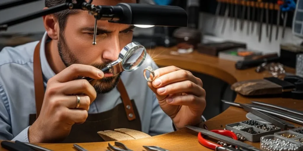 بررسی کدهای انگشتر نقره با ذره بین توسط متخصص