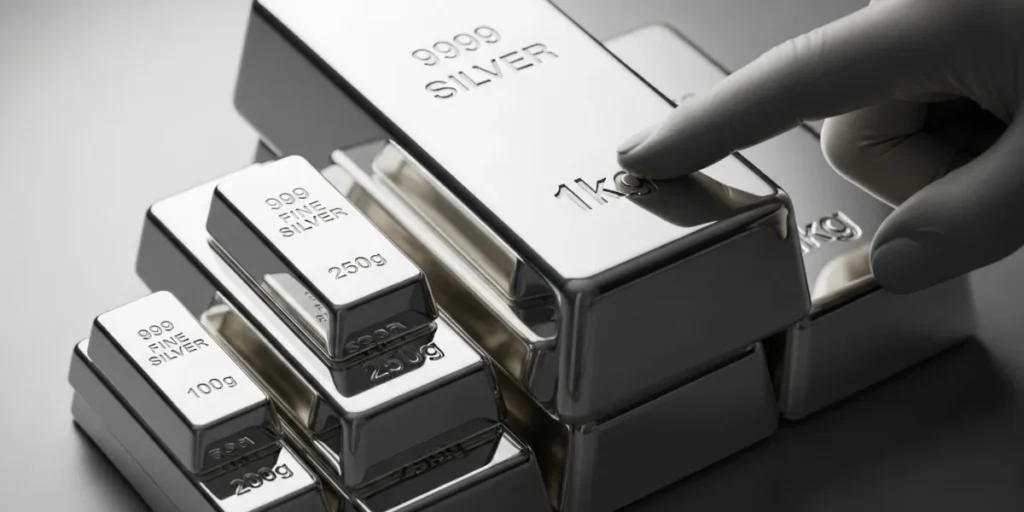 دست در حال لمس شمش نقره ۱ کیلویی در کنار شمش‌های ۲۰۰ و ۱۰۰ گرمی.