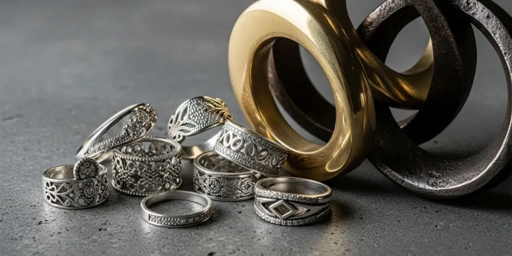 مجموعه‌ای از انگشترهای نقره ۹۲۵ با طرح‌های سنتی و مدرن