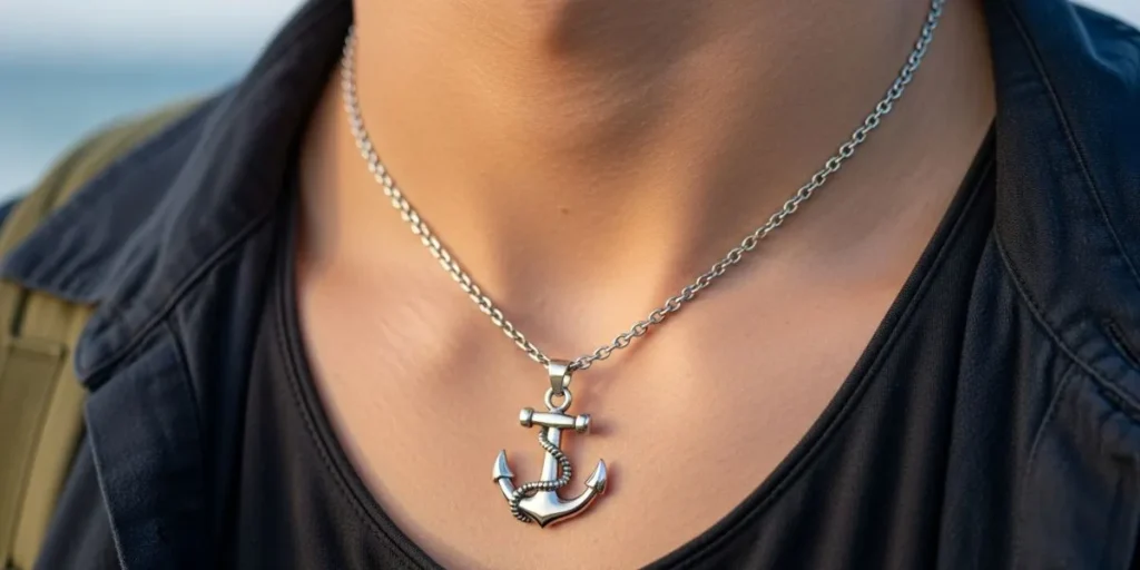 عکس گردنبند نقره پسرانه مدل لنگر