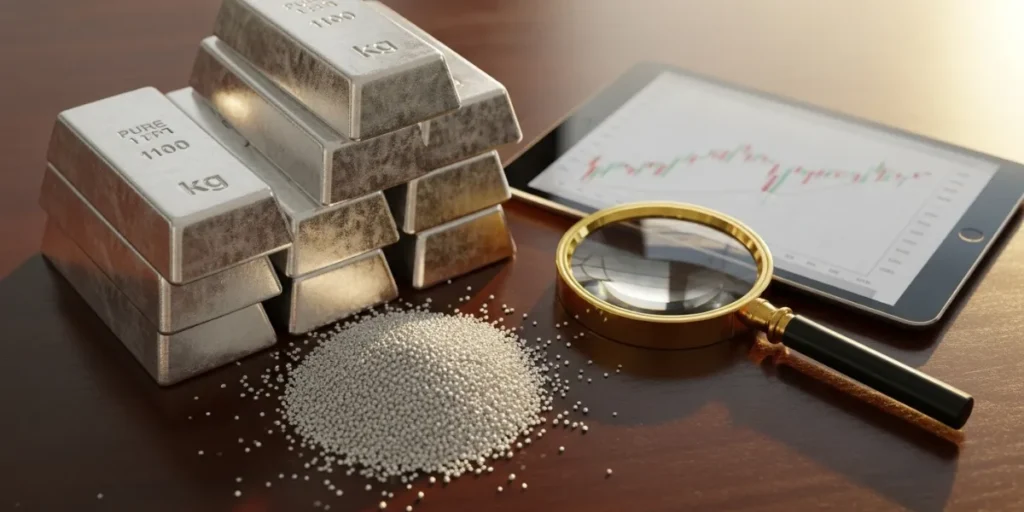 شمش و ساچمه نقره در کنار نمودار مالی برای بررسی اشتباهات سرمایه‌گذاری در نقره