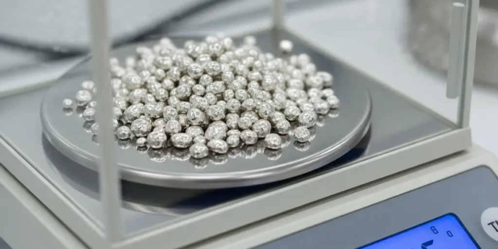 ساچمه نقره خالص روی ترازوی دیجیتال دقیق.