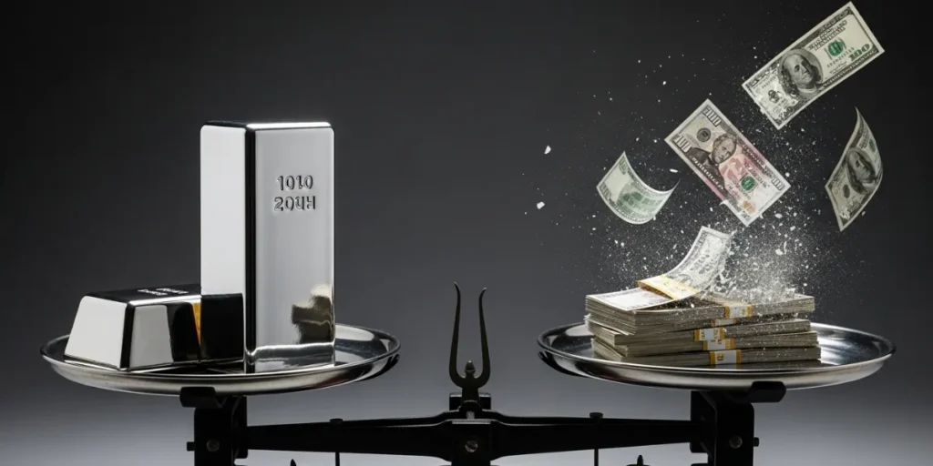 مقایسه شمش نقره با پول کاغذی روی ترازو برای درک مفهوم حباب نقره چیست.