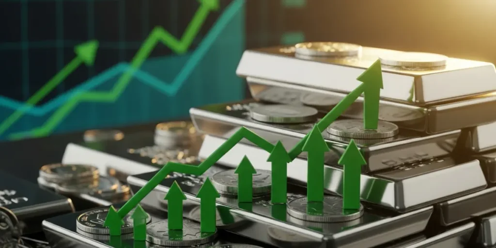 نمودار رشد سبز رنگ روی شمش‌های نقره، نشان‌دهنده پتانسیل بالای سرمایه گذاری در نقره