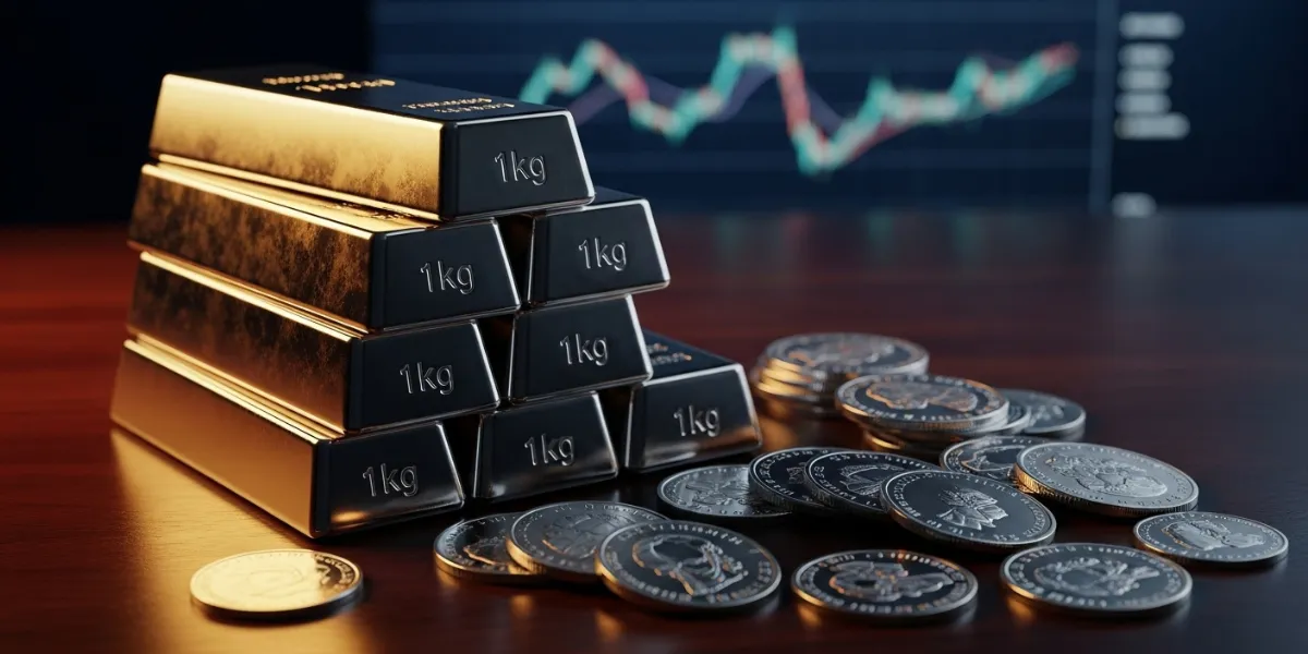 شمش‌های نقره یک کیلویی و سکه در برابر نمودار نوسانی برای محاسبه حباب نقره.