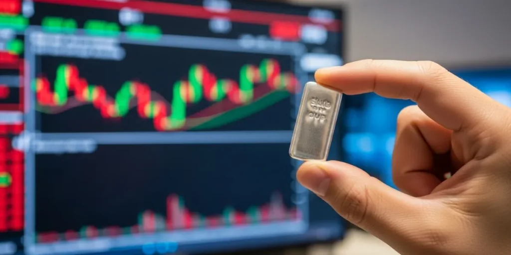 شمش نقره کوچک در دست یک سرمایه گذار در مقابل نمودار قیمت، نماد پناهگاه امن
