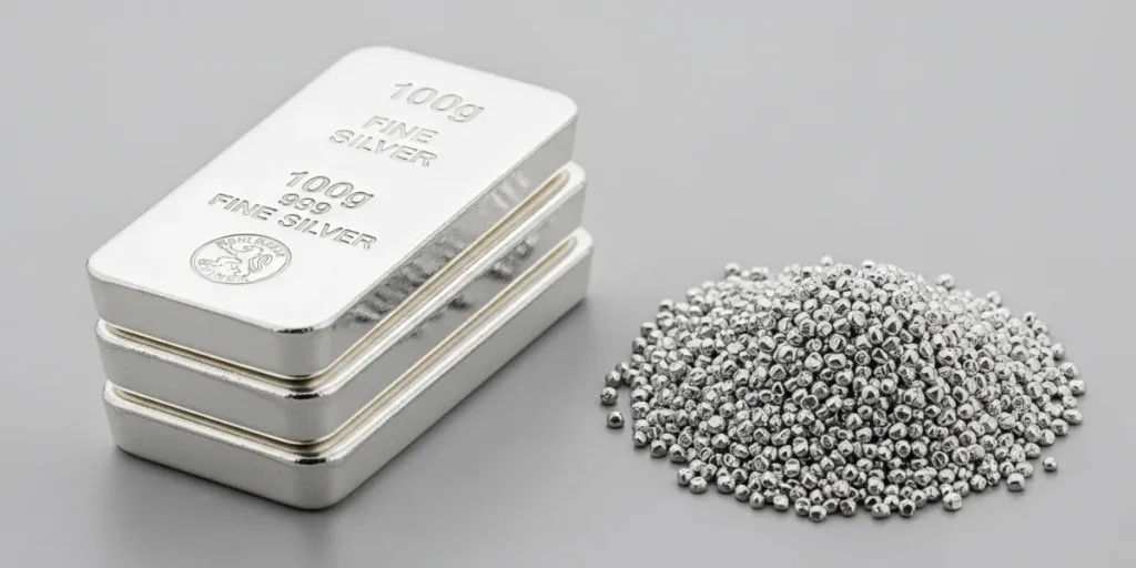 شمش نقره ۱۰۰ گرمی کنار ساچمه برای مقایسه حباب شمش نقره و ساچمه.