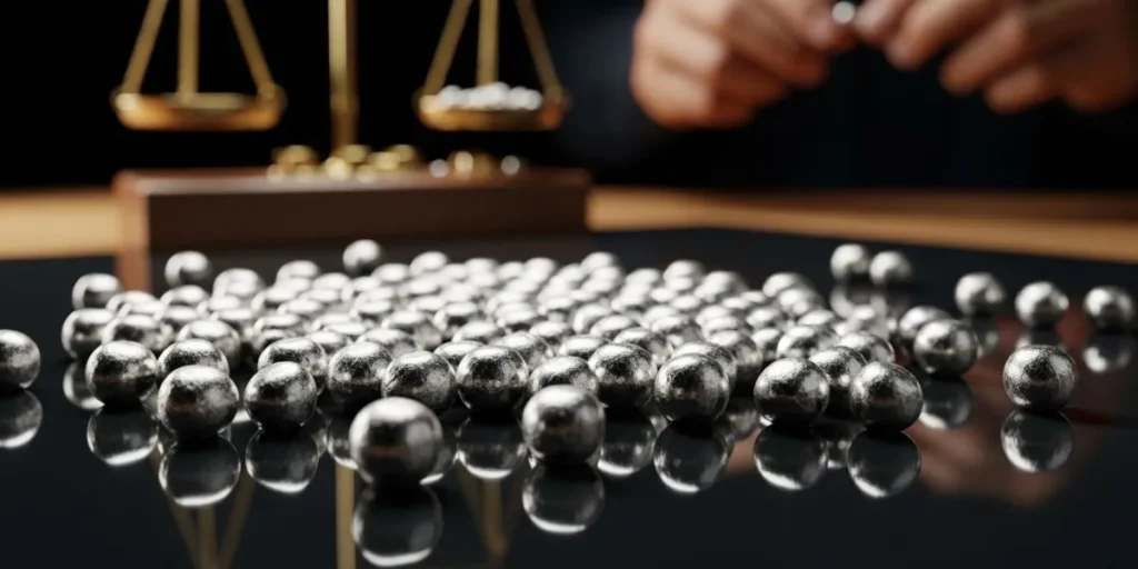 نمادی از فرآیند فروش ساچمه نقره و سنجش ارزش آن‌ها با ترازو در پس‌زمینه.