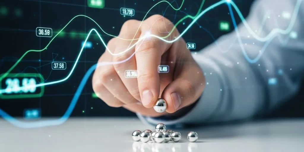 یک دست در حال برداشتن ساچمه نقره در مقابل نمودار قیمت جهانی نقره