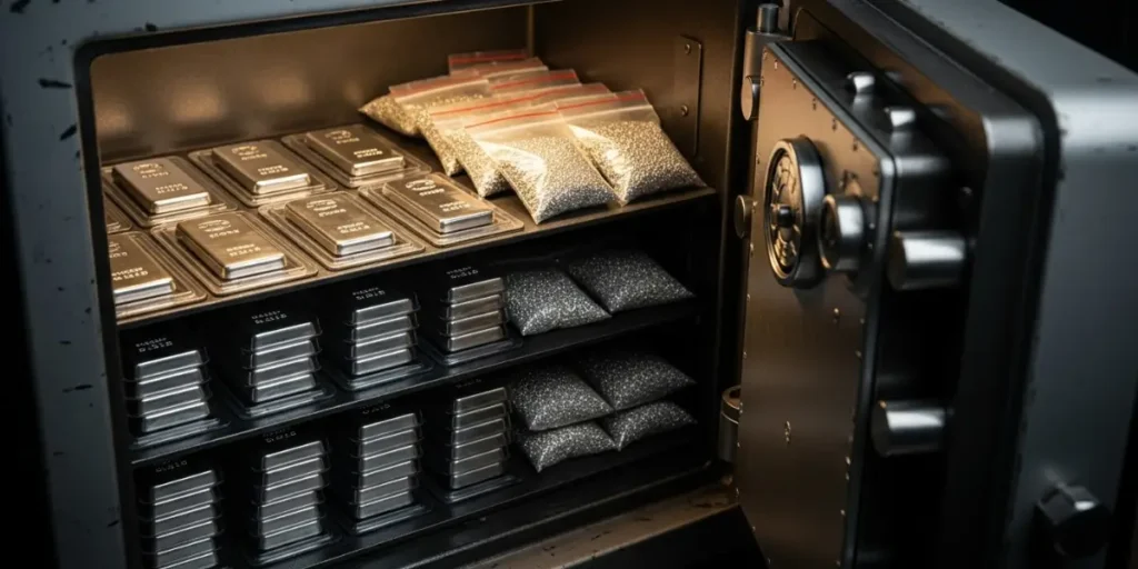نگهداری امن شمش و ساچمه نقره در گاوصندوق برای جلوگیری از سرقت و اکسید شدن