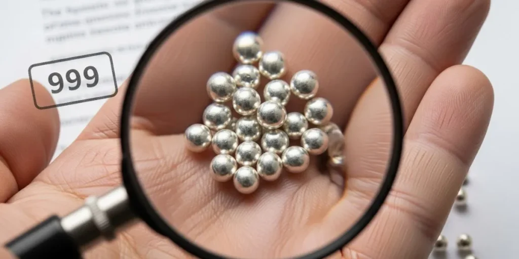 بررسی عیار ساچمه نقره با ذره بین و نمایش خلوص 999 نقره