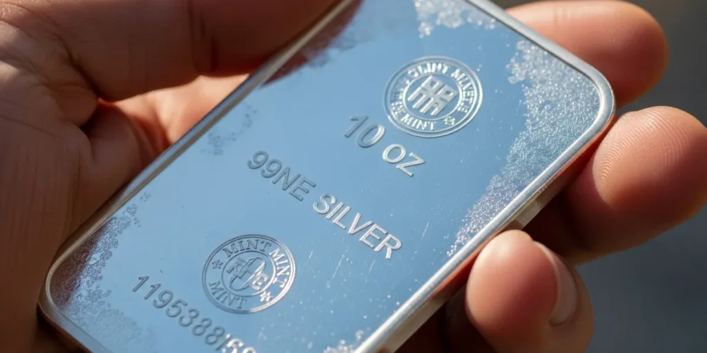 شمش نقره 10 انسی در دست، مناسب برای خرید نقره با بودجه‌های مختلف