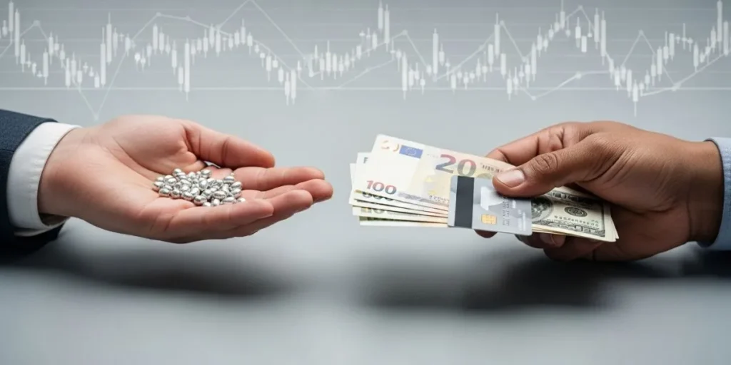 مبادله ساچمه نقره با پول نقد در برابر نمودار نوسان قیمت، که نشان‌دهنده فرآیند پاسخ به سوال «ساچمه نقره را کجا بفروشیم» است.