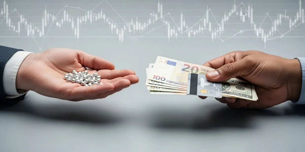 مبادله ساچمه نقره با پول نقد در برابر نمودار نوسان قیمت، که نشان‌دهنده فرآیند پاسخ به سوال «ساچمه نقره را کجا بفروشیم» است.