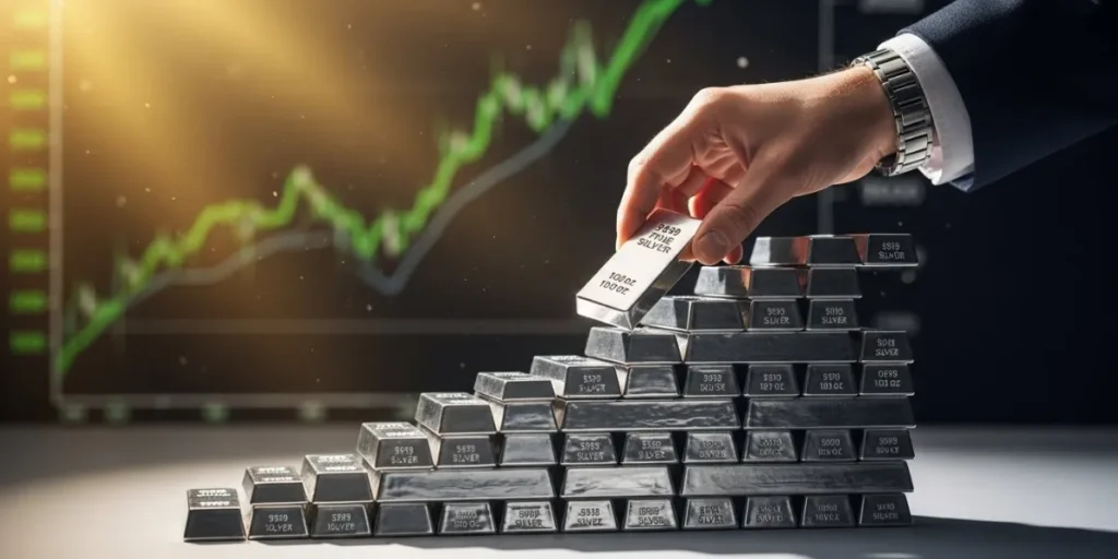 خرید پله‌ای نقره و ساخت پلکان ثروت با شمش‌های نقره در پس‌زمینه نمودار رشد.