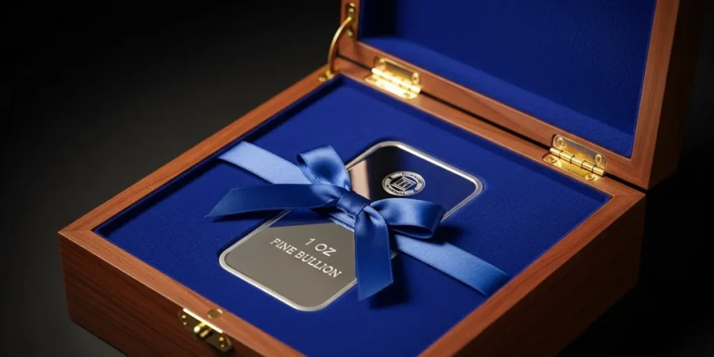 شمش نقره کادویی ۱ اونسی داخل جعبه چوبی لوکس و روبان آبی