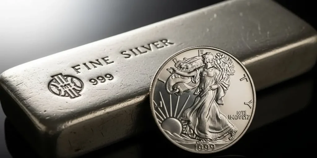 نمای نزدیک برای بررسی عیار شمش و سکه و انتخاب بین شمش نقره یا سکه نقره برای خرید.