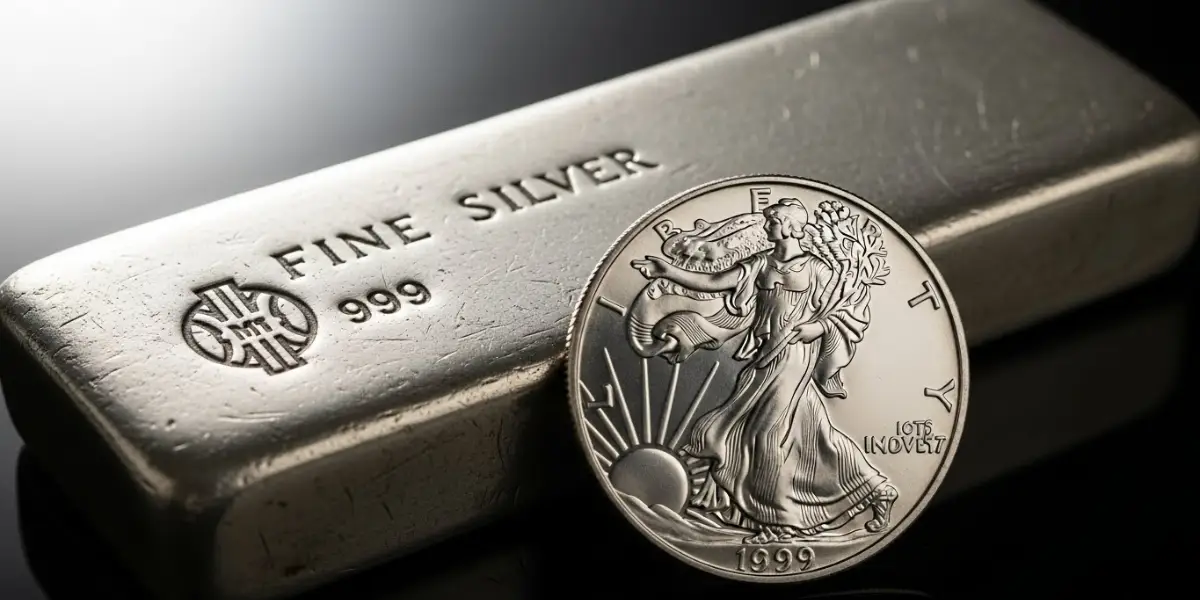 نمای نزدیک برای بررسی عیار شمش و سکه و انتخاب بین شمش نقره یا سکه نقره برای خرید.